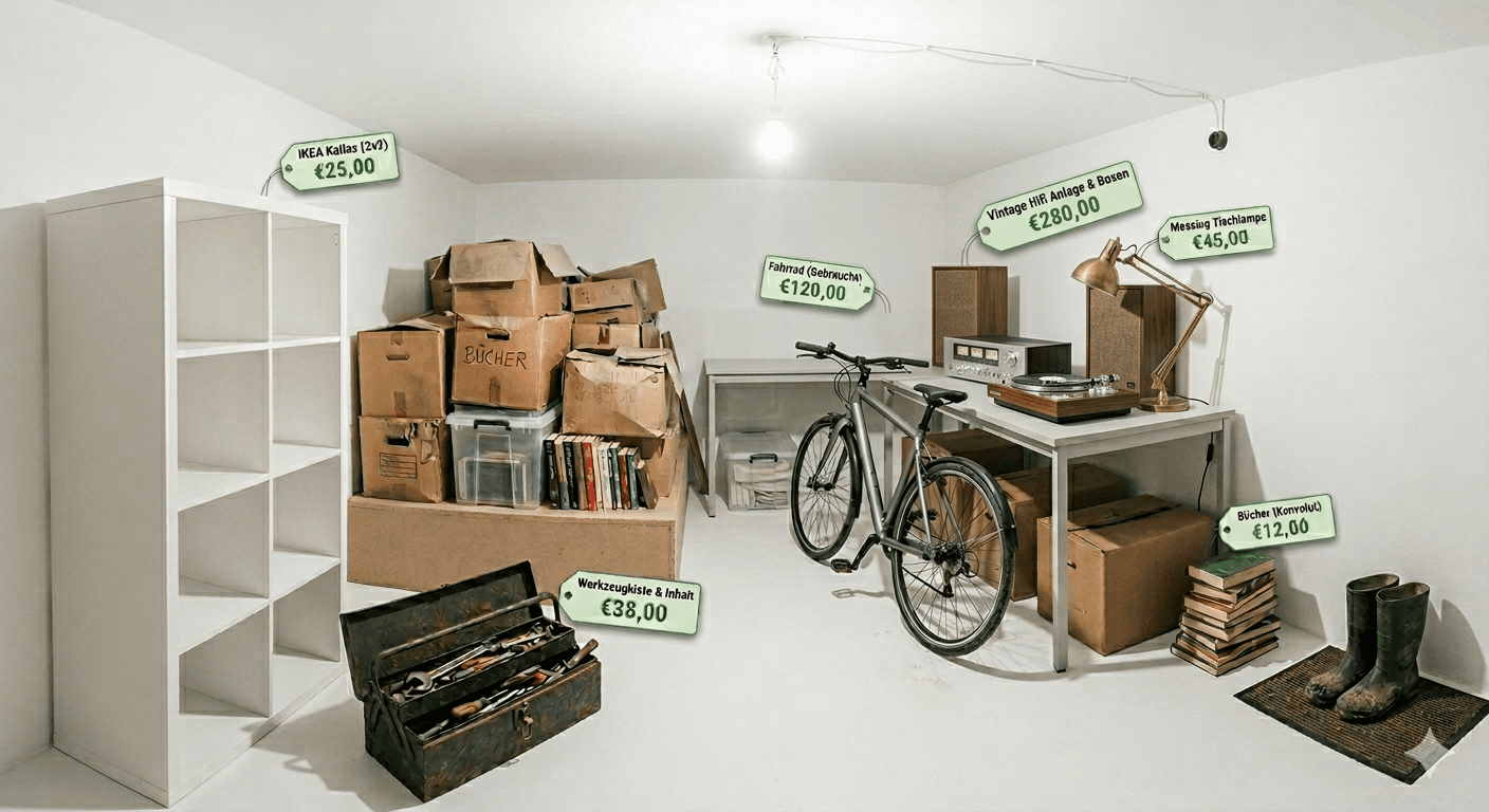 Keller voller Gegenstände mit Wertangaben