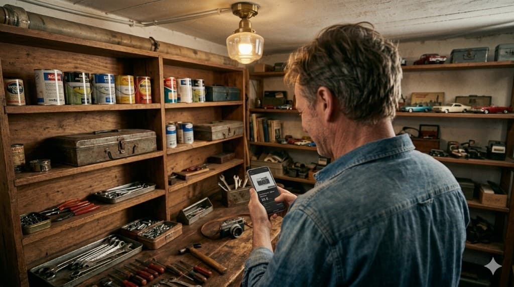 Werkstatt: Person von hinten mit Smartphone und Verkaufsanzeige auf dem Bildschirm, Vintage-Kamera und Werkzeug auf der Werkbank